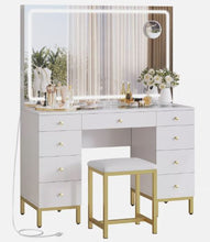 Load image into Gallery viewer, Vanity Desk Set with LED Lighted Mirror and Power Outlet Dressing Makeup Table Set