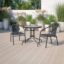 Load image into Gallery viewer, 28-Inch Round Glass Metal Table with Black Rattan Edging and 2 Black Rattan Stack Chairs