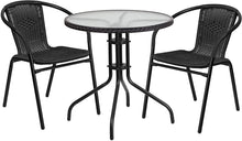 Load image into Gallery viewer, 28-Inch Round Glass Metal Table with Black Rattan Edging and 2 Black Rattan Stack Chairs