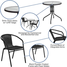 Load image into Gallery viewer, 28-Inch Round Glass Metal Table with Black Rattan Edging and 2 Black Rattan Stack Chairs