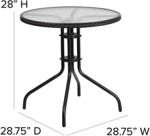 Load image into Gallery viewer, 28-Inch Round Glass Metal Table with Black Rattan Edging and 2 Black Rattan Stack Chairs
