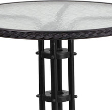 Load image into Gallery viewer, 28-Inch Round Glass Metal Table with Black Rattan Edging and 2 Black Rattan Stack Chairs