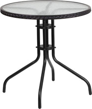 Load image into Gallery viewer, 28-Inch Round Glass Metal Table with Black Rattan Edging and 2 Black Rattan Stack Chairs