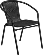 Load image into Gallery viewer, 28-Inch Round Glass Metal Table with Black Rattan Edging and 2 Black Rattan Stack Chairs