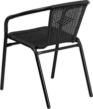 Load image into Gallery viewer, 28-Inch Round Glass Metal Table with Black Rattan Edging and 2 Black Rattan Stack Chairs