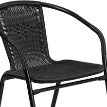 Load image into Gallery viewer, 28-Inch Round Glass Metal Table with Black Rattan Edging and 2 Black Rattan Stack Chairs