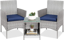 Load image into Gallery viewer, 3-Piece Outdoor Wicker Conversation Bistro Set, Patio Furniture for Yard, Garden w/ 2 Chairs, 2 Cushions, Side Storage Table - Gray/Navy
