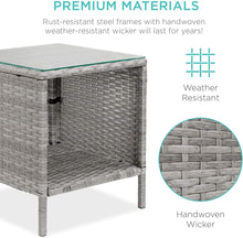 Load image into Gallery viewer, 3-Piece Outdoor Wicker Conversation Bistro Set, Patio Furniture for Yard, Garden w/ 2 Chairs, 2 Cushions, Side Storage Table - Gray/Navy