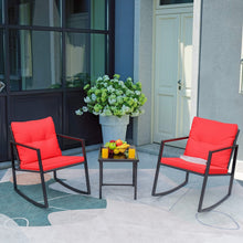 Load image into Gallery viewer, 3 Piece Outdoor Patio Furniture Set Black Wicker Red Cushions Bistro Rocking Chairs Table