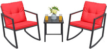 Load image into Gallery viewer, 3 Piece Outdoor Patio Furniture Set Black Wicker Red Cushions Bistro Rocking Chairs Table