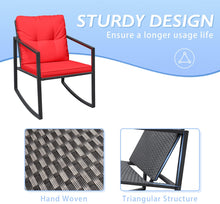 Load image into Gallery viewer, 3 Piece Outdoor Patio Furniture Set Black Wicker Red Cushions Bistro Rocking Chairs Table