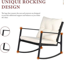 Load image into Gallery viewer, 3 Piece Outdoor Patio Furniture Set Black Wicker Beige Cushions Bistro Rocking Chairs Table