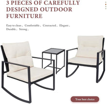 Load image into Gallery viewer, 3 Piece Outdoor Patio Furniture Set Black Wicker Beige Cushions Bistro Rocking Chairs Table