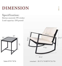 Load image into Gallery viewer, 3 Piece Outdoor Patio Furniture Set Black Wicker Beige Cushions Bistro Rocking Chairs Table