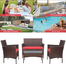 Load image into Gallery viewer, 4-Piece Brown Rattan Wicker Outdoor Patio Furniture Set with Red Cushions