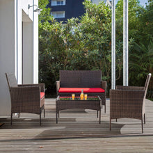 Load image into Gallery viewer, 4-Piece Brown Rattan Wicker Outdoor Patio Furniture Set with Red Cushions