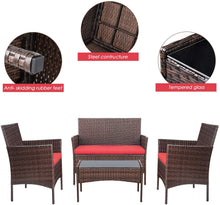 Load image into Gallery viewer, 4-Piece Brown Rattan Wicker Outdoor Patio Furniture Set with Red Cushions