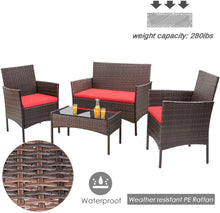 Load image into Gallery viewer, 4-Piece Brown Rattan Wicker Outdoor Patio Furniture Set with Red Cushions