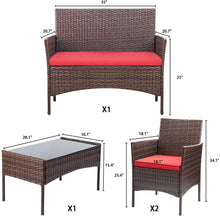 Load image into Gallery viewer, 4-Piece Brown Rattan Wicker Outdoor Patio Furniture Set with Red Cushions