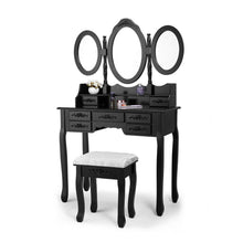Load image into Gallery viewer, Makeup Vanity Table Set, 7 Drawers, 3 Mirrors, Dressing Desk Vanity Set with Stool, Black