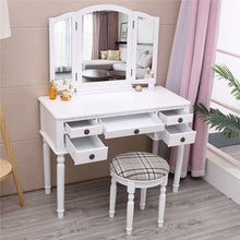 Load image into Gallery viewer, Gorgeous Tri-Folding Mirror Vanity Set 5 Drawers Dressing Table Makeup Desk with Stool White