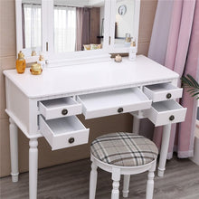 Load image into Gallery viewer, Gorgeous Tri-Folding Mirror Vanity Set 5 Drawers Dressing Table Makeup Desk with Stool White