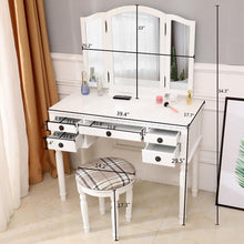 Load image into Gallery viewer, Gorgeous Tri-Folding Mirror Vanity Set 5 Drawers Dressing Table Makeup Desk with Stool White