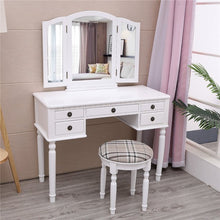Load image into Gallery viewer, Gorgeous Tri-Folding Mirror Vanity Set 5 Drawers Dressing Table Makeup Desk with Stool White