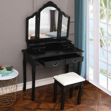 Load image into Gallery viewer, Trifold Mirrors Makeup Vanity Table Set Vanity Beauty Station w/Cushioned Stool 4 Drawers Wood Desk