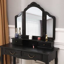 Load image into Gallery viewer, Trifold Mirrors Makeup Vanity Table Set Vanity Beauty Station w/Cushioned Stool 4 Drawers Wood Desk