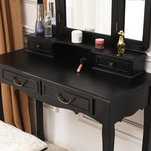 Load image into Gallery viewer, Trifold Mirrors Makeup Vanity Table Set Vanity Beauty Station w/Cushioned Stool 4 Drawers Wood Desk