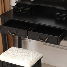 Load image into Gallery viewer, Trifold Mirrors Makeup Vanity Table Set Vanity Beauty Station w/Cushioned Stool 4 Drawers Wood Desk
