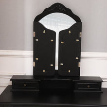 Load image into Gallery viewer, Trifold Mirrors Makeup Vanity Table Set Vanity Beauty Station w/Cushioned Stool 4 Drawers Wood Desk
