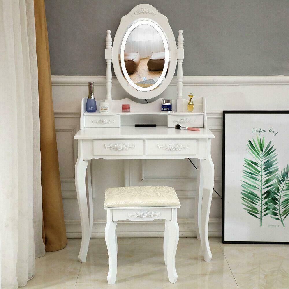 Charming Vanity Table Lights Mirror 4 Drawers Makeup Dressing Desk with Stool Set White