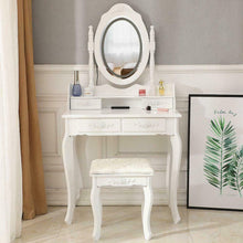 Load image into Gallery viewer, Charming Vanity Table Lights Mirror 4 Drawers Makeup Dressing Desk with Stool Set White