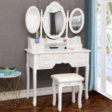 Load image into Gallery viewer, White Tri-Folding Mirror Vanity Set 7 Drawers Dressing Table Makeup Desk Stool