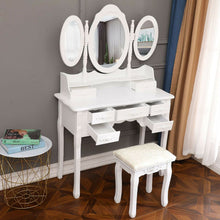 Load image into Gallery viewer, White Tri-Folding Mirror Vanity Set 7 Drawers Dressing Table Makeup Desk Stool