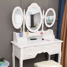 Load image into Gallery viewer, White Tri-Folding Mirror Vanity Set 7 Drawers Dressing Table Makeup Desk Stool