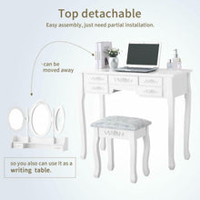 Load image into Gallery viewer, White Tri-Folding Mirror Vanity Set 7 Drawers Dressing Table Makeup Desk Stool