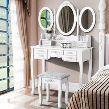 Load image into Gallery viewer, White Tri-Folding Mirror Vanity Set 7 Drawers Dressing Table Makeup Desk Stool