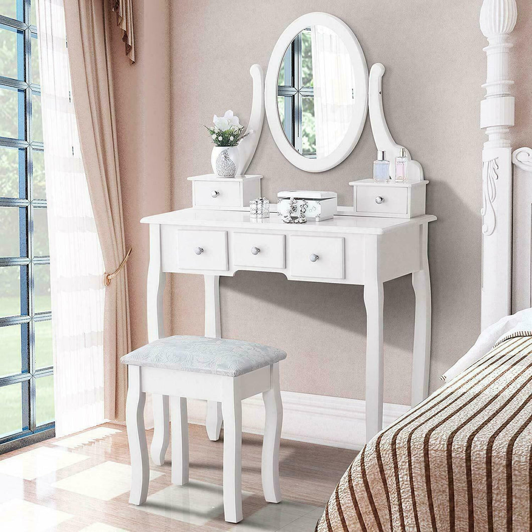 Charming White Vanity Dressing Table Set with Mirror, Stool and 5 Drawers Makeup Desk