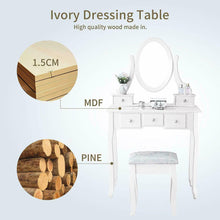 Load image into Gallery viewer, Charming White Vanity Dressing Table Set with Mirror, Stool and 5 Drawers Makeup Desk