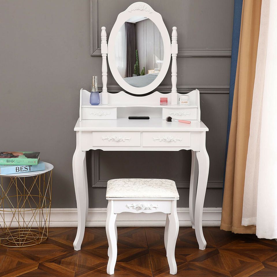 Gorgeous White Vanity Makeup Dressing Table Set with Stool, 4 Drawers and Mirror, Wood
