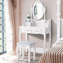 Load image into Gallery viewer, Gorgeous White Vanity Makeup Dressing Table Set with Stool, 4 Drawers and Mirror, Wood
