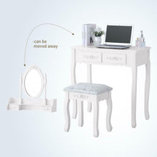 Load image into Gallery viewer, Gorgeous White Vanity Makeup Dressing Table Set with Stool, 4 Drawers and Mirror, Wood