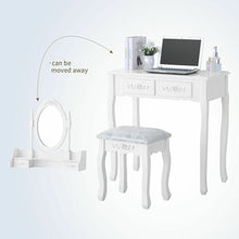 Load image into Gallery viewer, Gorgeous White Vanity Makeup Dressing Table Set with Stool, 4 Drawers and Mirror, Wood