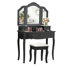 Load image into Gallery viewer, Black Wood Makeup Vanity Dressing Table Set with Stool, 4 Drawers and Folding Mirrors