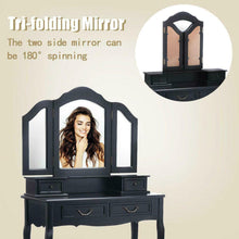 Load image into Gallery viewer, Black Wood Makeup Vanity Dressing Table Set with Stool, 4 Drawers and Folding Mirrors