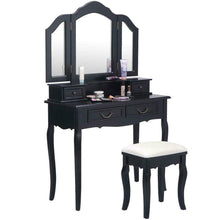Load image into Gallery viewer, Black Wood Makeup Vanity Dressing Table Set with Stool, 4 Drawers and Folding Mirrors