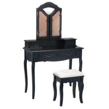 Load image into Gallery viewer, Black Wood Makeup Vanity Dressing Table Set with Stool, 4 Drawers and Folding Mirrors